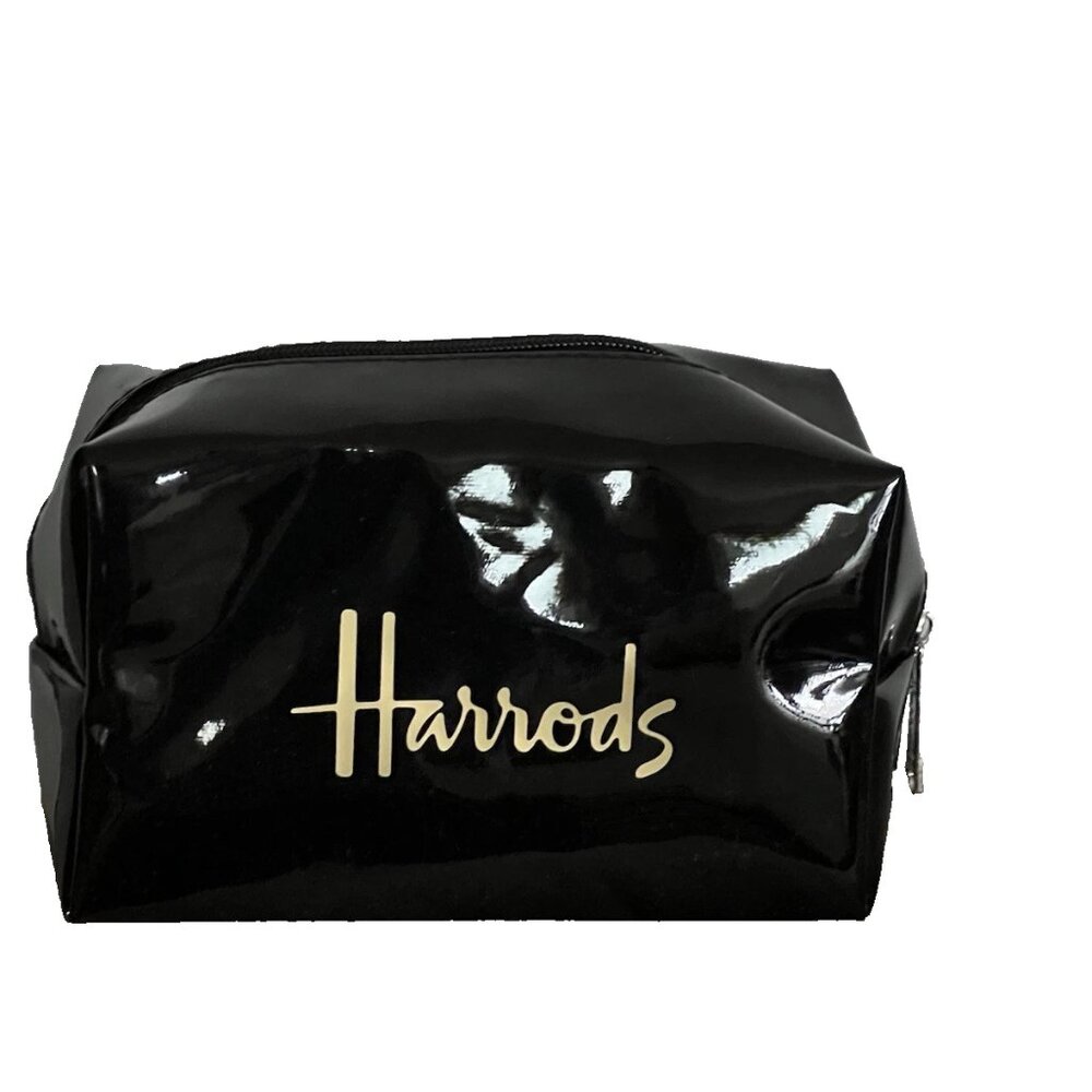 HARRODS LONDON PVC Zip Top MAKEUP COSTMETIC Bag Glossy Black color - BNWOT